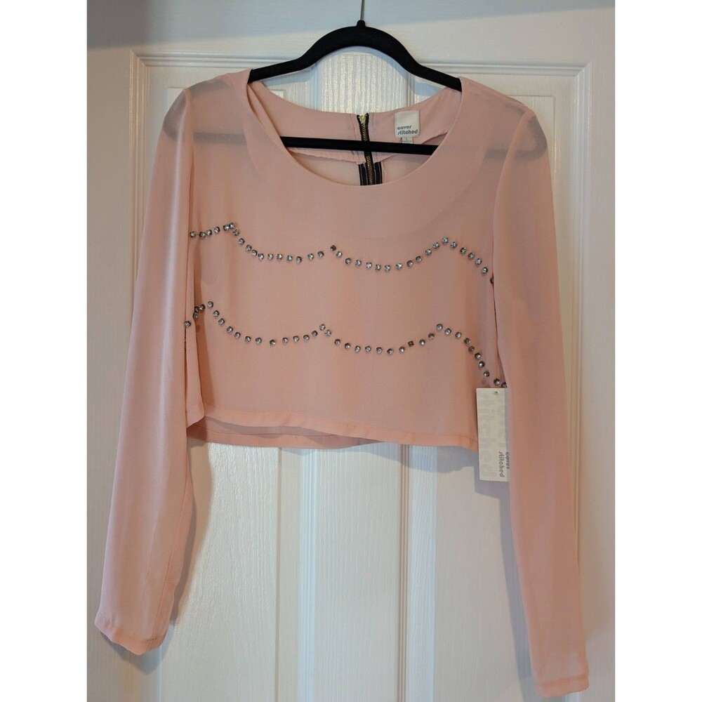 Cover Stitched Pink Sheer Mesh Crop Top Long Sleeve Studded Rhinestone NWT
